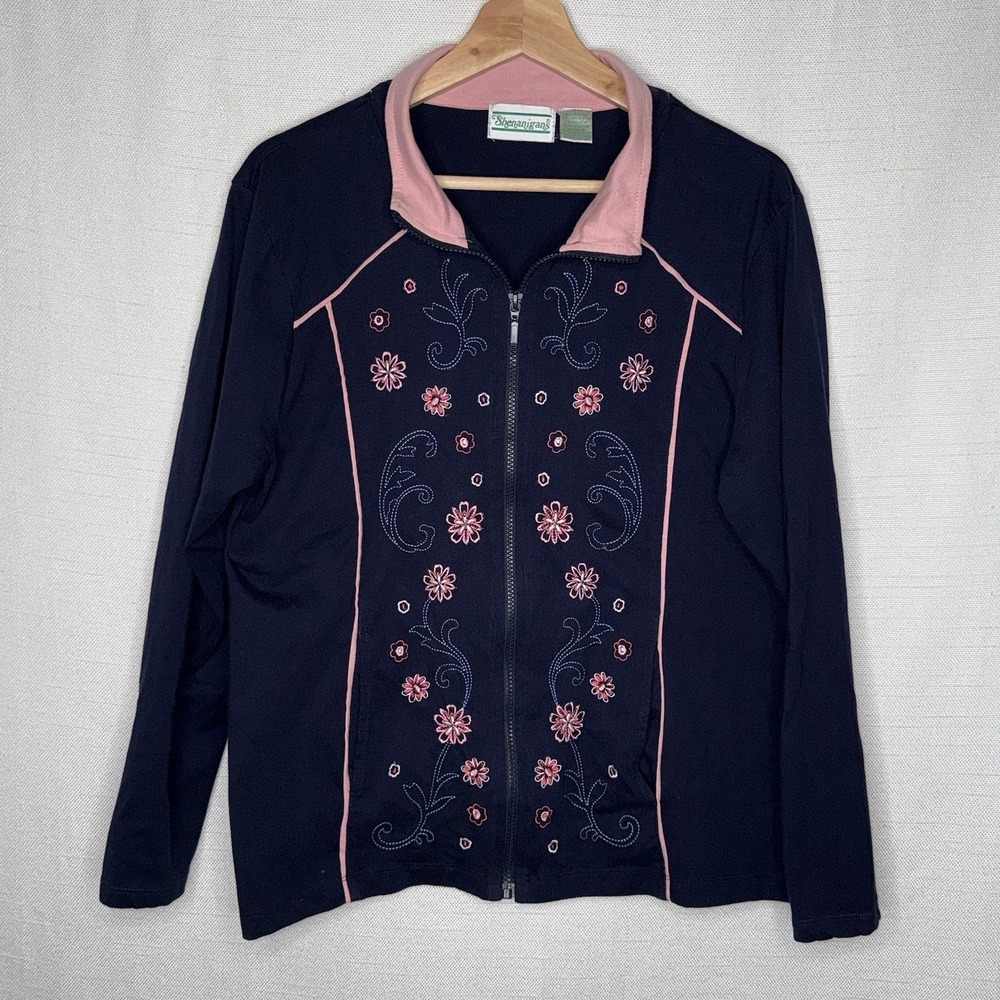 VTG Shenanigans Cardigan Jacket Size‎ L Blue Embroidered Floral Granny Cottage